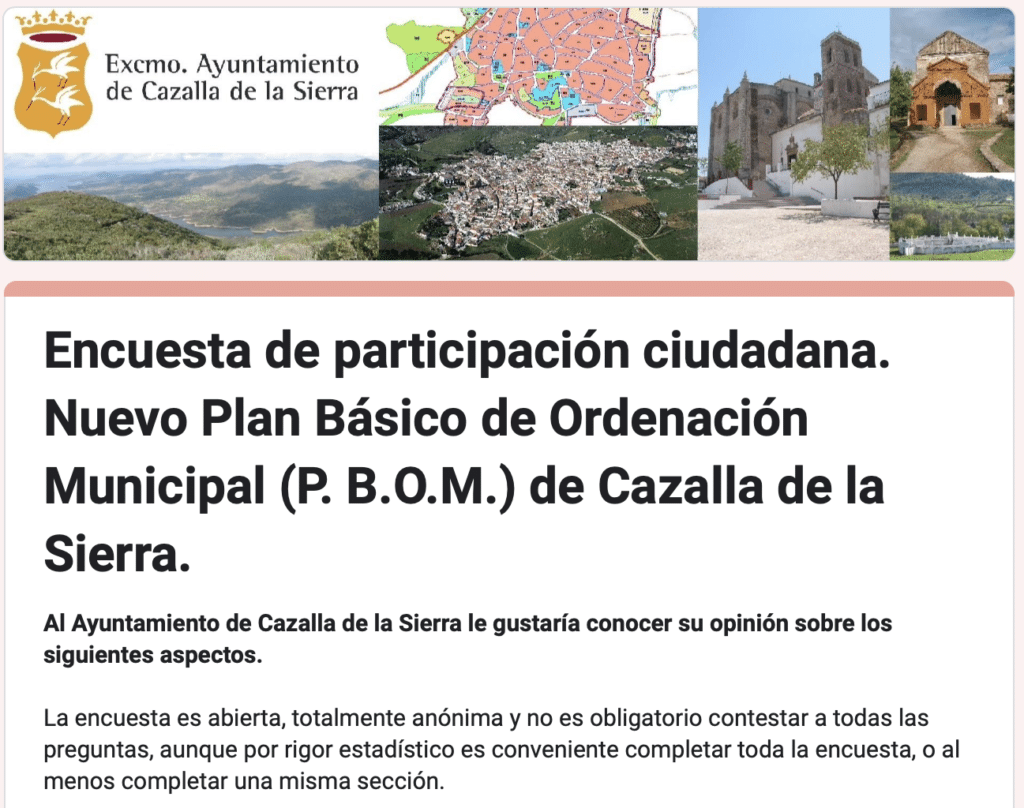 El Ayuntamiento de Cazalla lanza un cuestionario dentro de la “consulta previa” sobre la formulación del nuevo Plan Básico de Ordenación Municipal de Cazalla (PBOM).